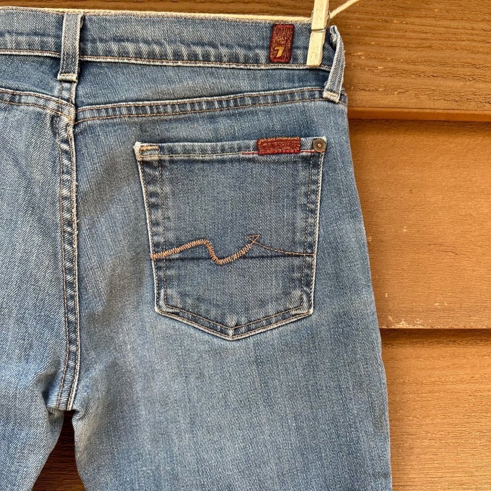 7 for All Mankind Destroyed Bootcut Worked in Low Rise Blue Jeans Size 30 - Picture 8 of 10